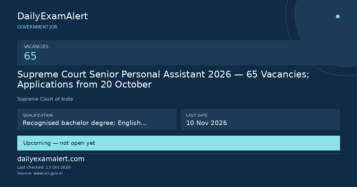 Supreme Court Senior Personal Assistant 2026 — 65 Vacancies; Applications from 20 October — government job summary