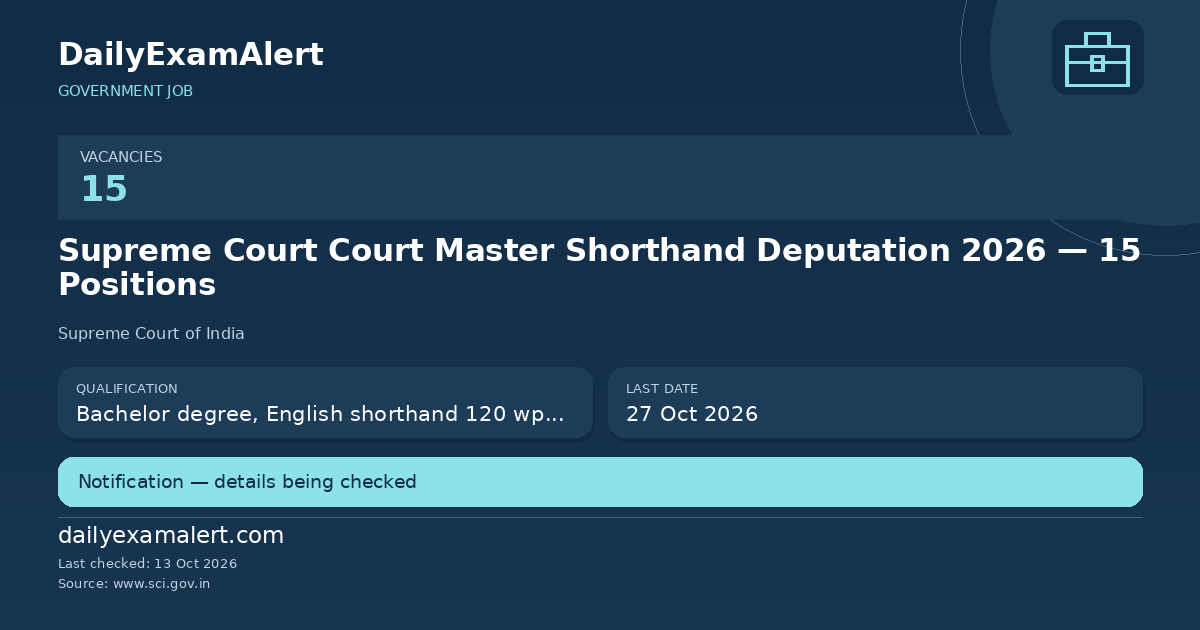 Supreme Court Court Master Shorthand Deputation 2026 — 15 Positions — government job summary