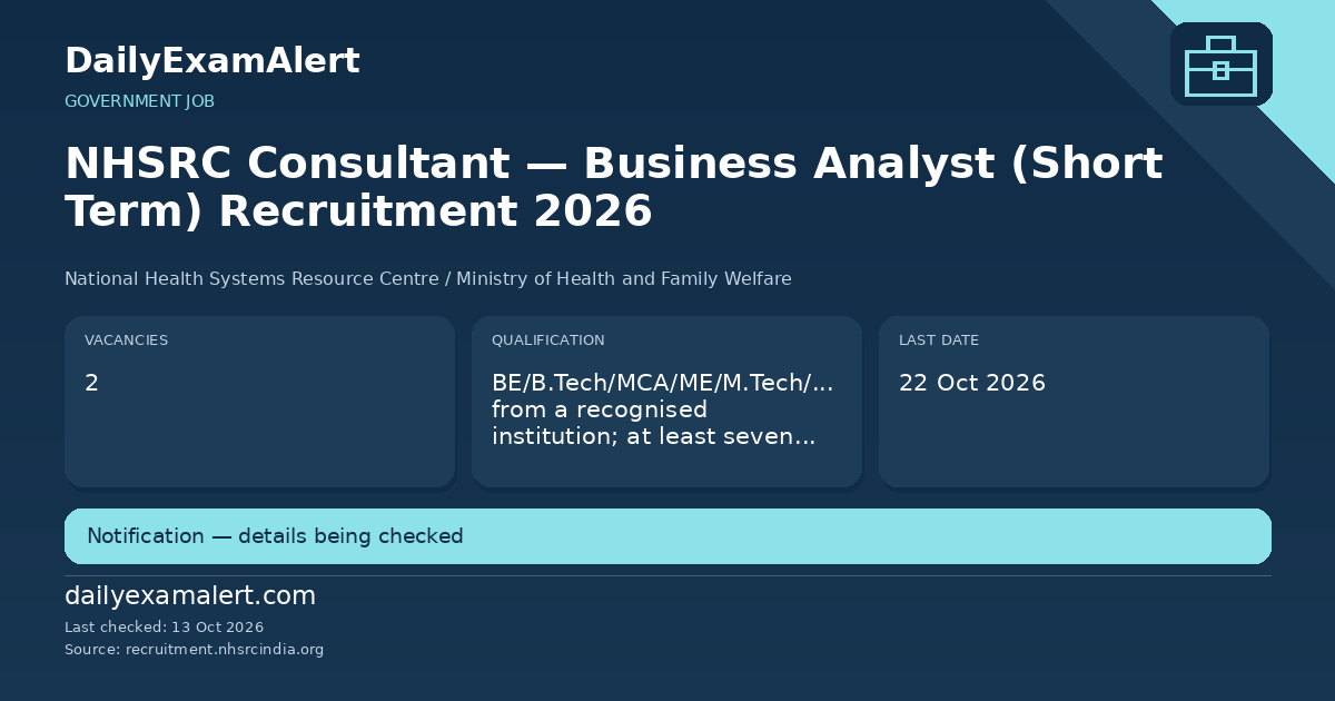 NHSRC Consultant — Business Analyst (Short Term) Recruitment 2026 — government job summary