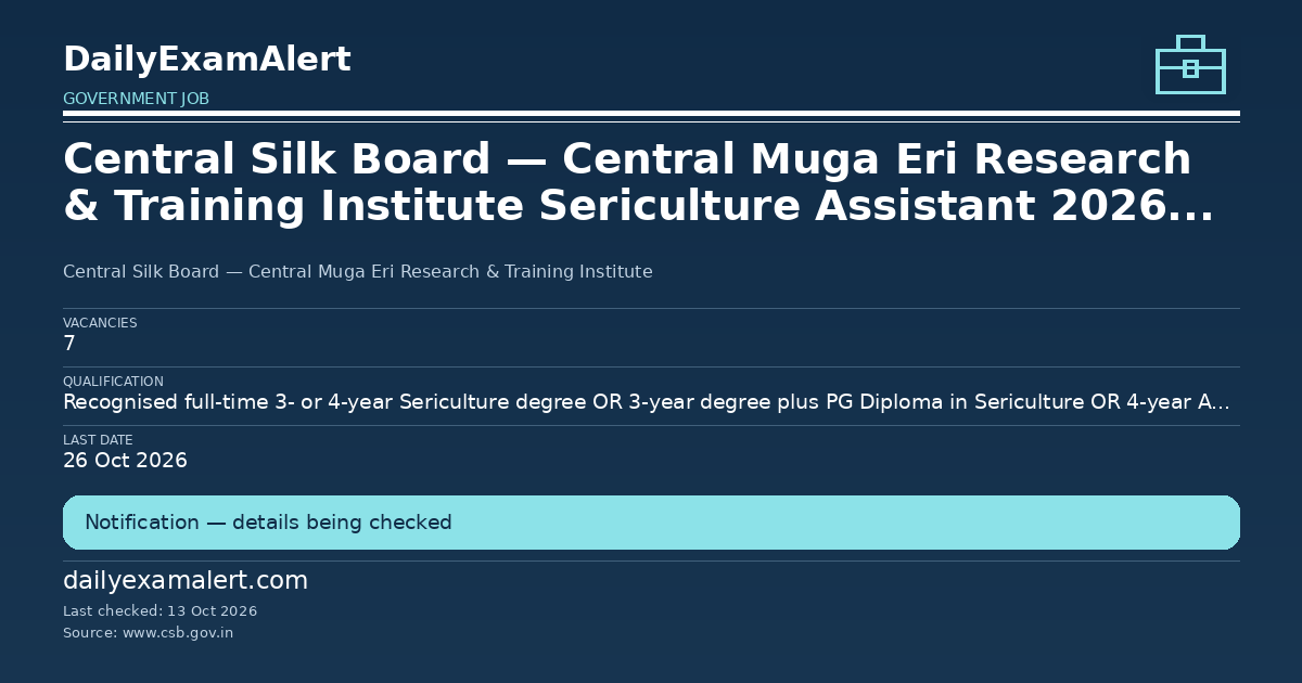 Central Silk Board — Central Muga Eri Research & Training Institute Sericulture Assistant 2026 — 7 Positions — government job summary