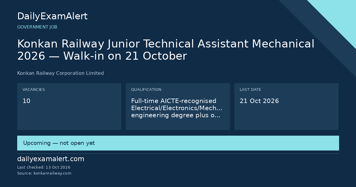Konkan Railway Junior Technical Assistant Mechanical 2026 — Walk-in on 21 October — government job summary