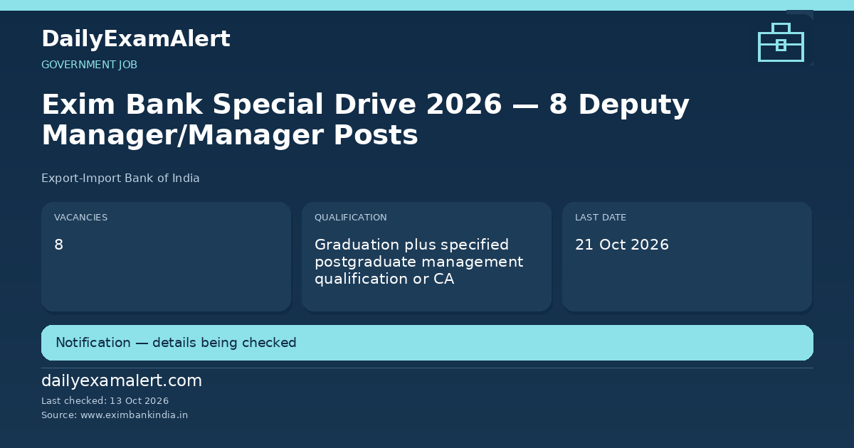 Exim Bank Special Drive 2026 — 8 Deputy Manager/Manager Posts — government job summary