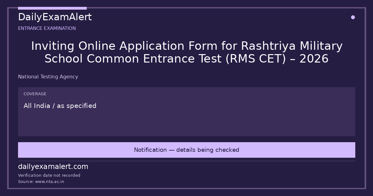 Inviting Online Application Form for Rashtriya Military School Common Entrance Test (RMS CET) – 2026 — entrance examination summary