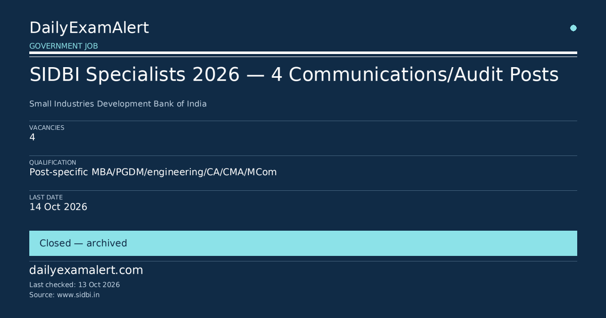 SIDBI Specialists 2026 — 4 Communications/Audit Posts — government job summary