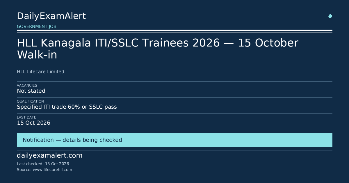 HLL Kanagala ITI/SSLC Trainees 2026 — 15 October Walk-in — government job summary
