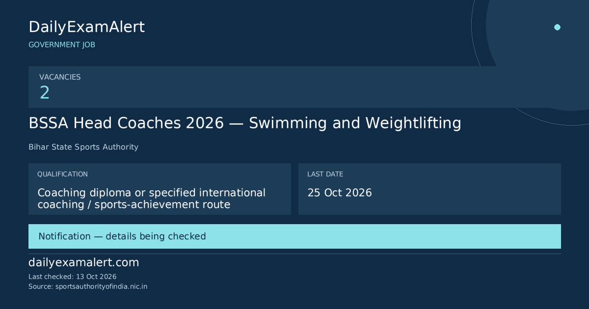 BSSA Head Coaches 2026 — Swimming and Weightlifting — government job summary