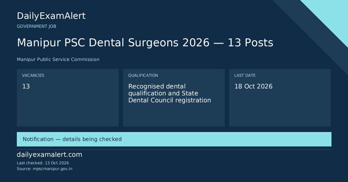 Manipur PSC Dental Surgeons 2026 — 13 Posts — government job summary