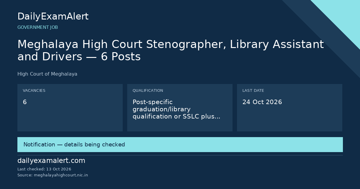 Meghalaya High Court Stenographer, Library Assistant and Drivers — 6 Posts — government job summary