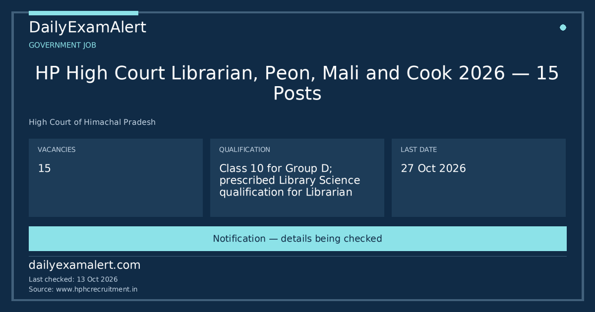HP High Court Librarian, Peon, Mali and Cook 2026 — 15 Posts — government job summary