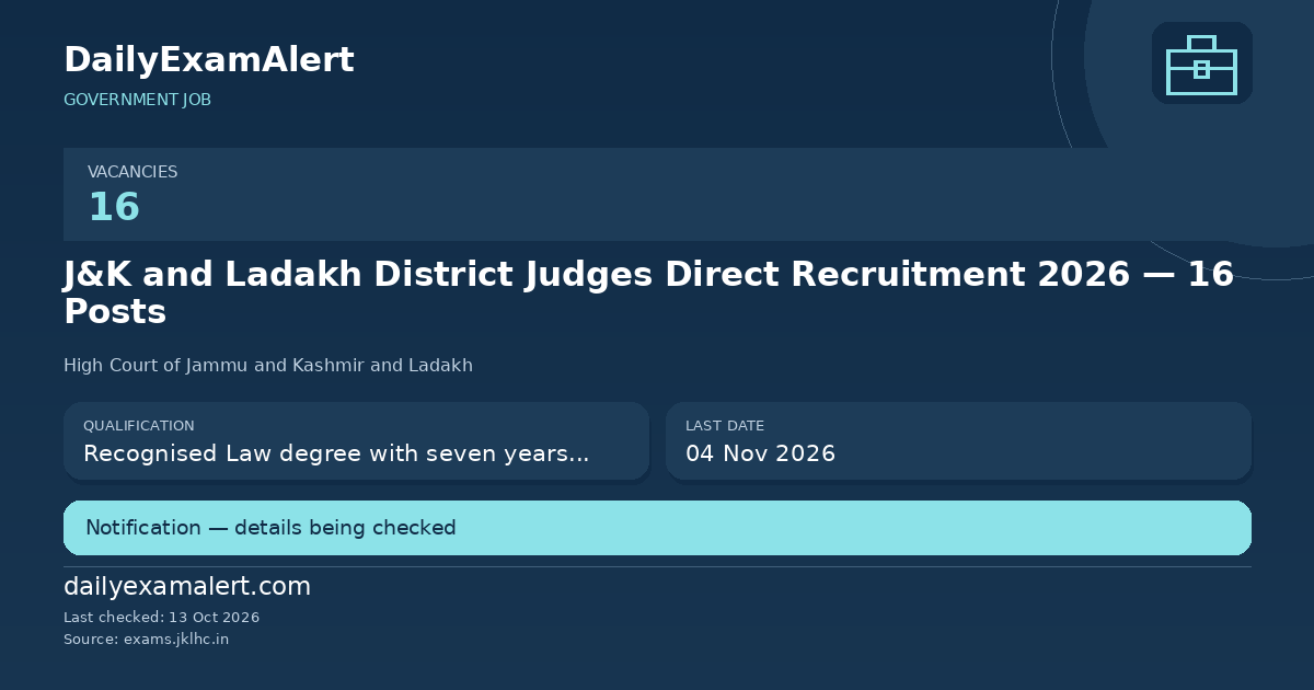 J&K and Ladakh District Judges Direct Recruitment 2026 — 16 Posts — government job summary