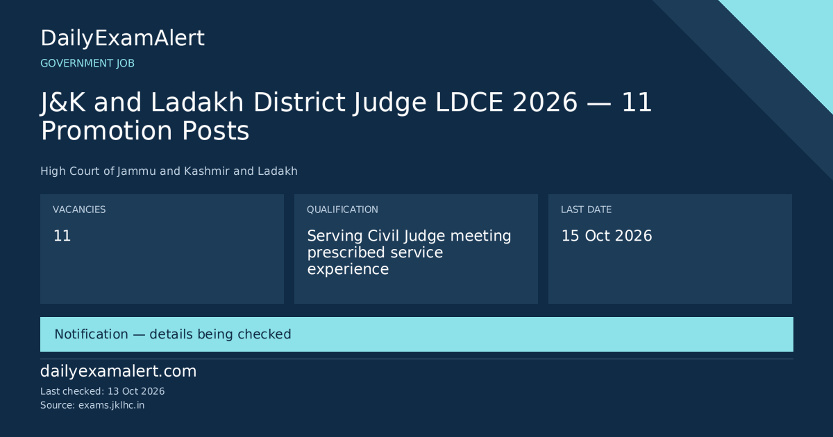 J&K and Ladakh District Judge LDCE 2026 — 11 Promotion Posts — government job summary