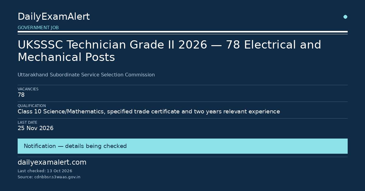 UKSSSC Technician Grade II 2026 — 78 Electrical and Mechanical Posts — government job summary