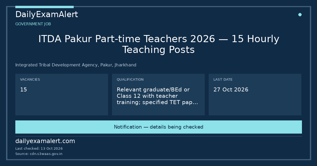 ITDA Pakur Part-time Teachers 2026 — 15 Hourly Teaching Posts — government job summary