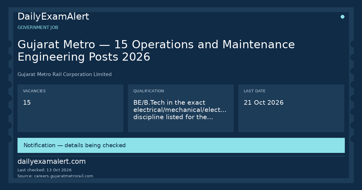 Gujarat Metro — 15 Operations and Maintenance Engineering Posts 2026 — government job summary