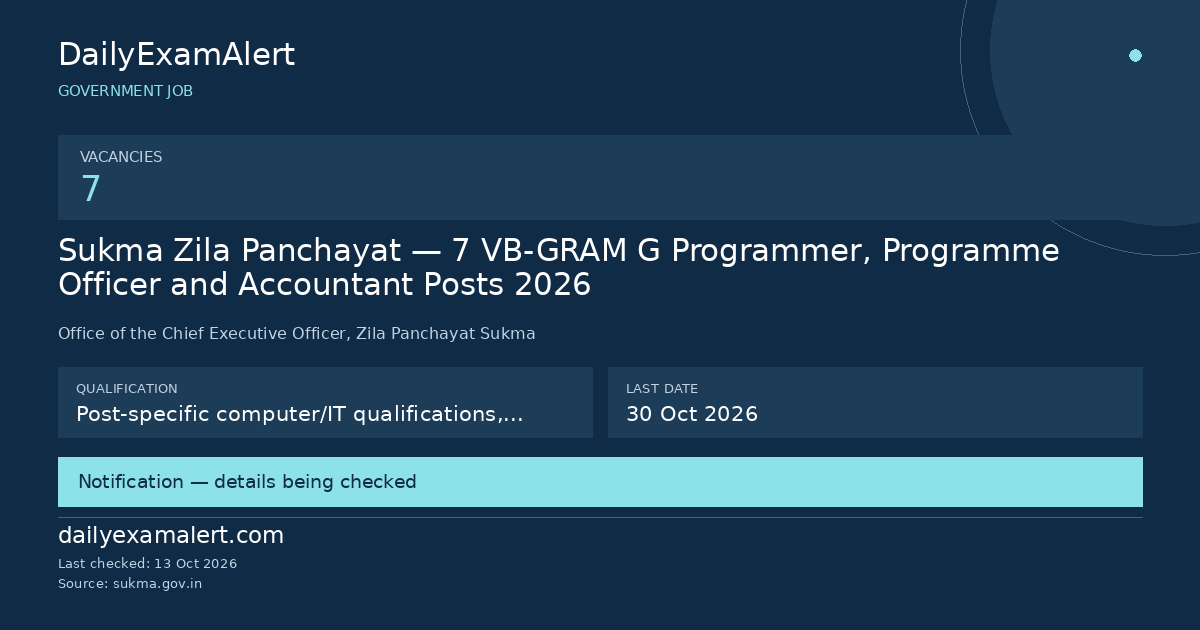 Sukma Zila Panchayat — 7 VB-GRAM G Programmer, Programme Officer and Accountant Posts 2026 — government job summary