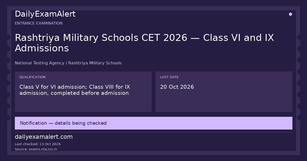 Rashtriya Military Schools CET 2026 — Class VI and IX Admissions — entrance examination summary