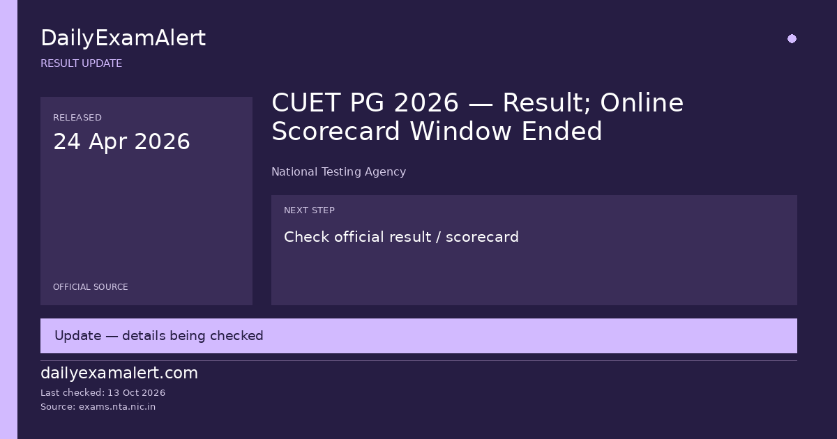 CUET PG 2026 — Result; Online Scorecard Window Ended — result update summary