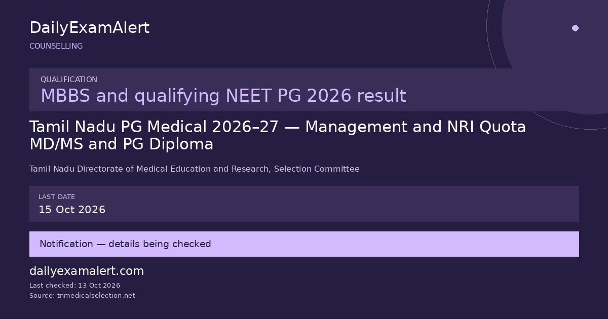 Tamil Nadu PG Medical 2026–27 — Management and NRI Quota MD/MS and PG Diploma — counselling summary