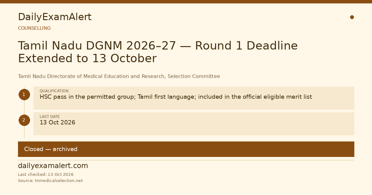 Tamil Nadu DGNM 2026–27 — Round 1 Deadline Extended to 13 October — counselling summary