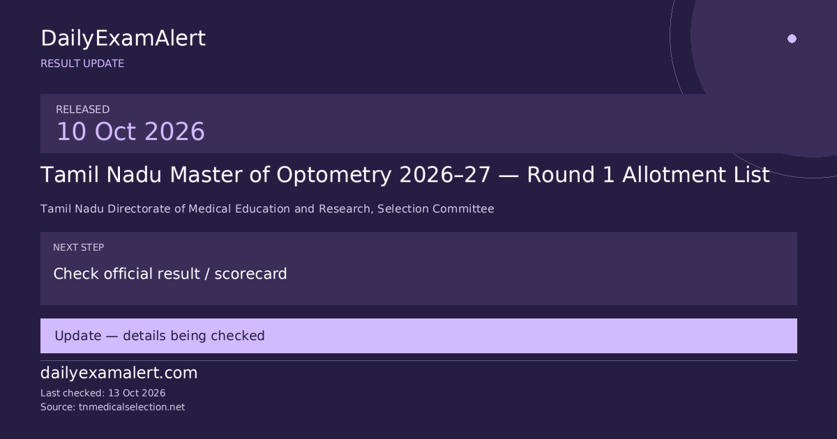 Tamil Nadu Master of Optometry 2026–27 — Round 1 Allotment List — result update summary