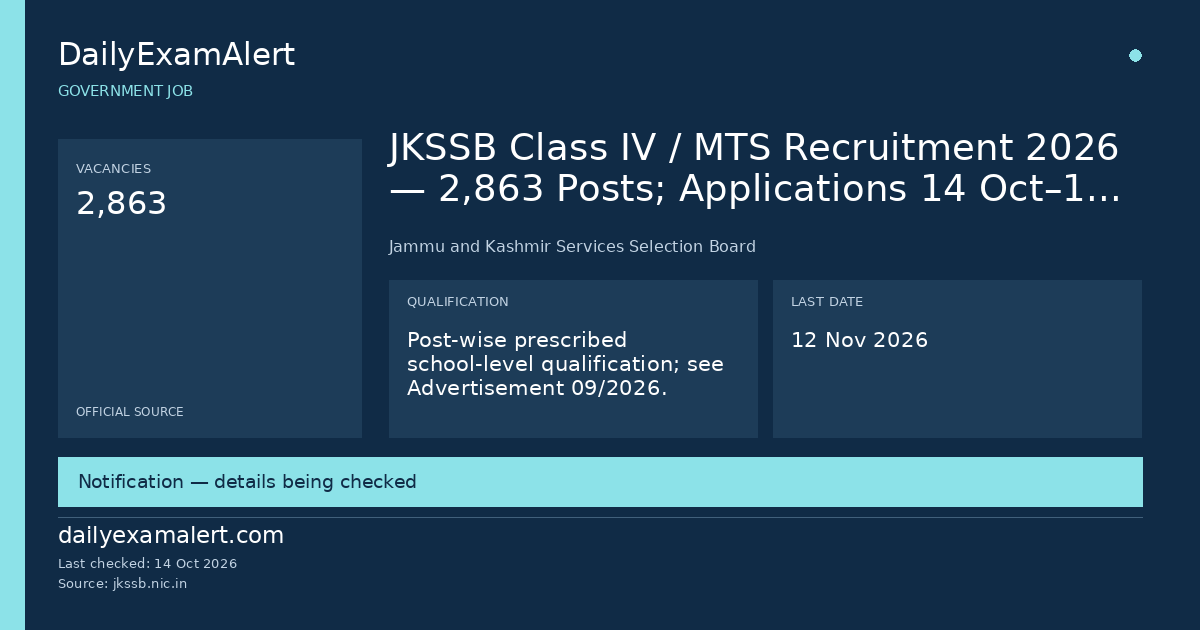 JKSSB Class IV / MTS Recruitment 2026 — 2,863 Posts; Applications 14 Oct–12 Nov — government job summary