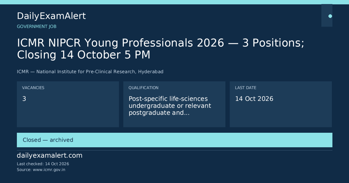 ICMR NIPCR Young Professionals 2026 — 3 Positions; Closing 14 October 5 PM — government job summary