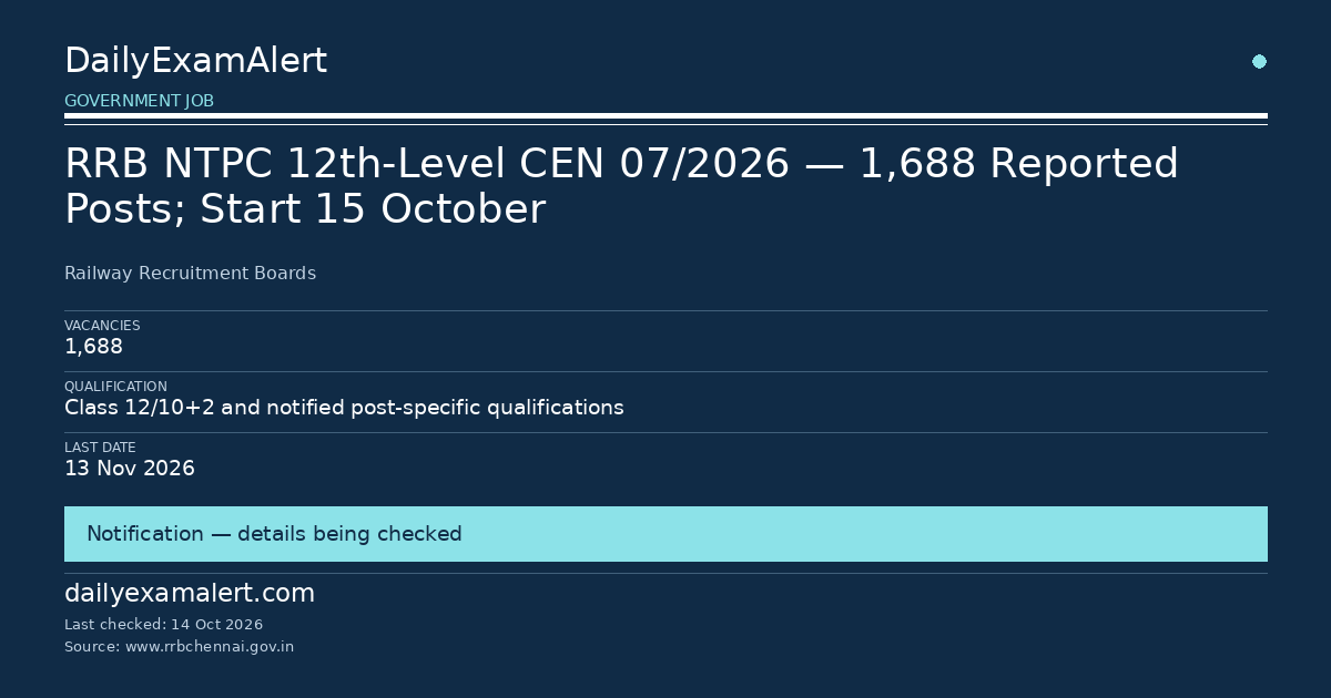 RRB NTPC 12th-Level CEN 07/2026 — 1,688 Reported Posts; Start 15 October — government job summary