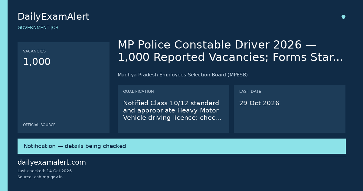 MP Police Constable Driver 2026 — 1,000 Reported Vacancies; Forms Start 15 October — government job summary