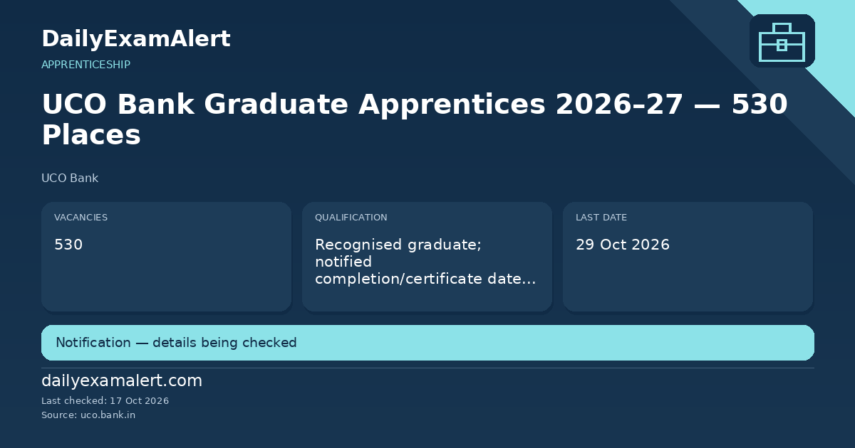 UCO Bank Graduate Apprentices 2026–27 — 530 Places — apprenticeship summary