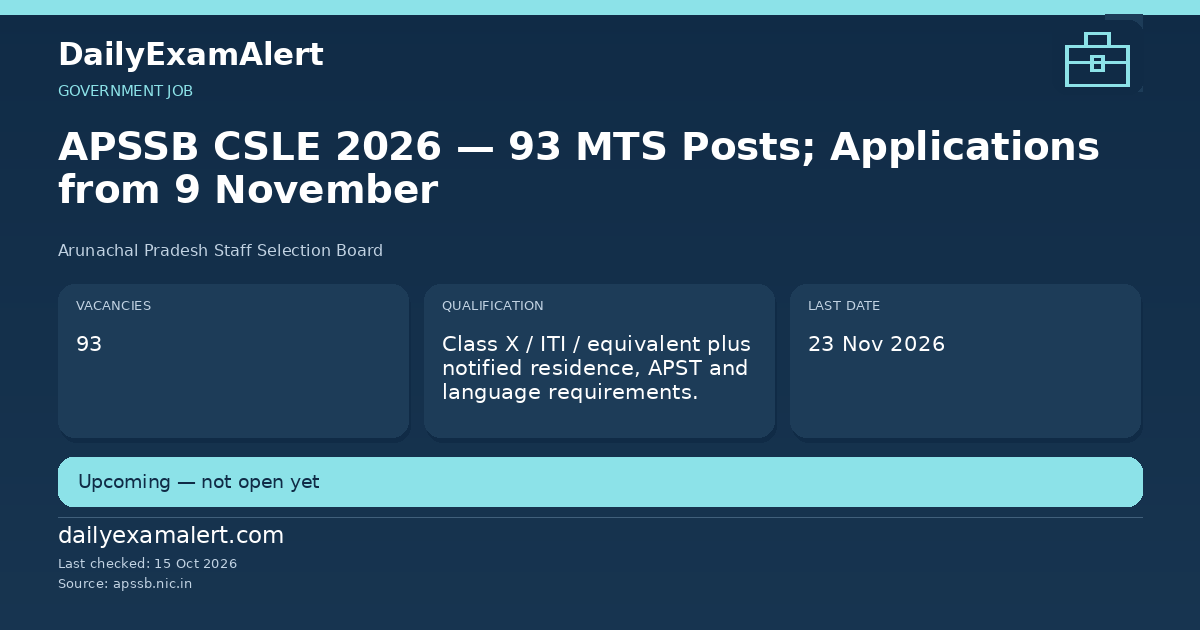 APSSB CSLE 2026 — 93 MTS Posts; Applications from 9 November — government job summary