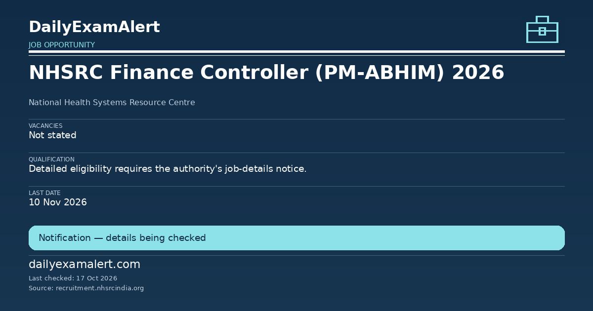 NHSRC Finance Controller (PM-ABHIM) 2026 — job opportunity summary