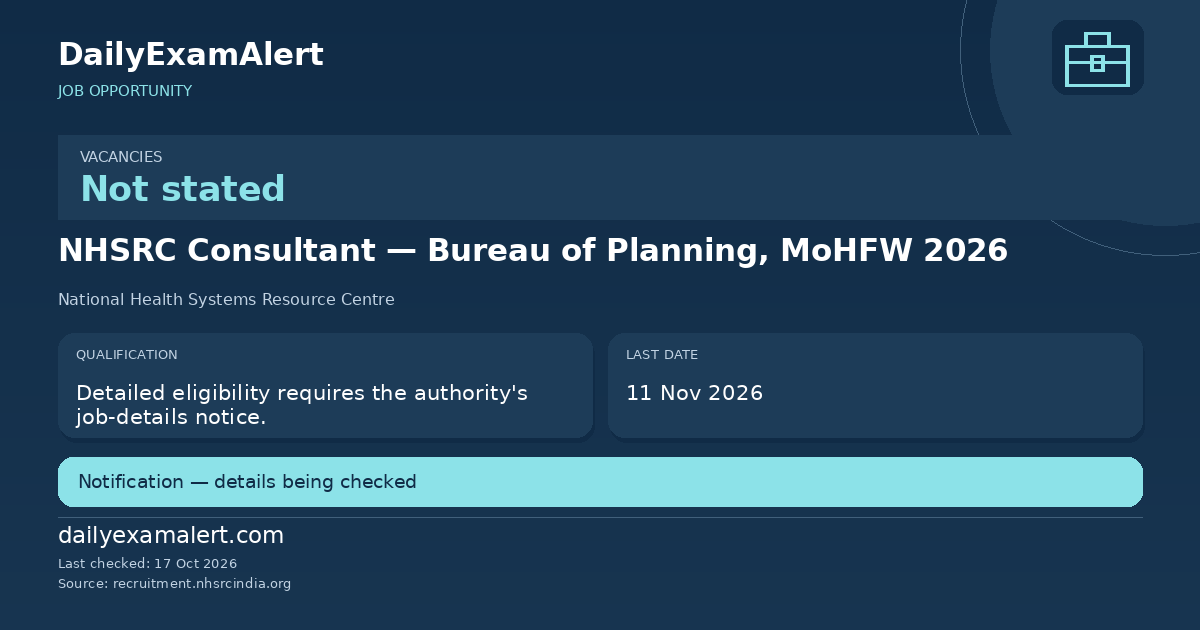 NHSRC Consultant — Bureau of Planning, MoHFW 2026 — job opportunity summary