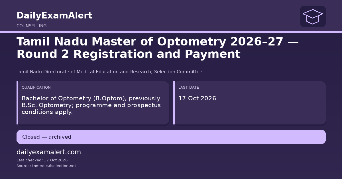Tamil Nadu Master of Optometry 2026–27 — Round 2 Registration and Payment — counselling summary