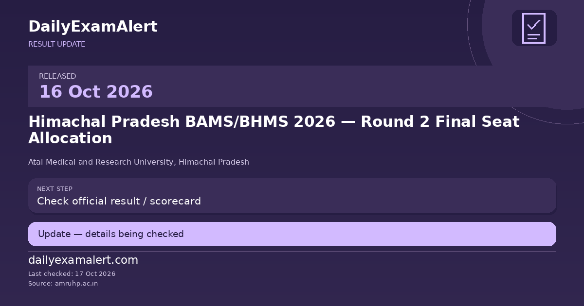 Himachal Pradesh BAMS/BHMS 2026 — Round 2 Final Seat Allocation — result update summary