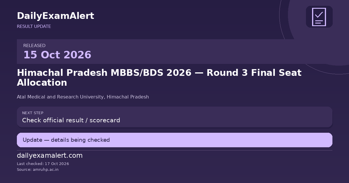 Himachal Pradesh MBBS/BDS 2026 — Round 3 Final Seat Allocation — result update summary