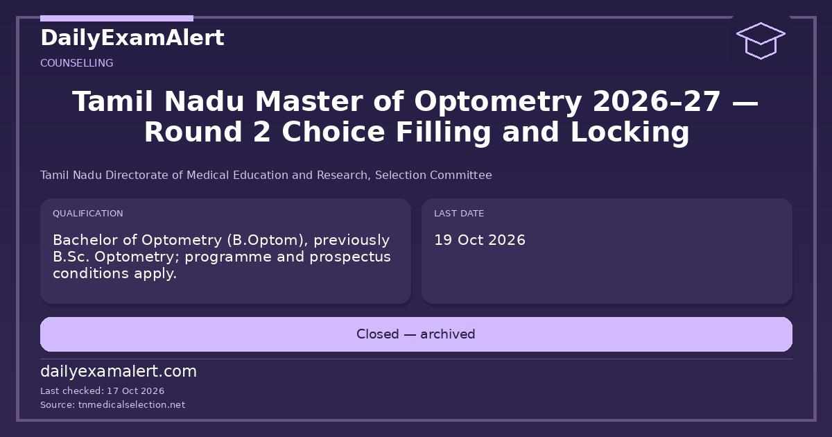 Tamil Nadu Master of Optometry 2026–27 — Round 2 Choice Filling and Locking — counselling summary