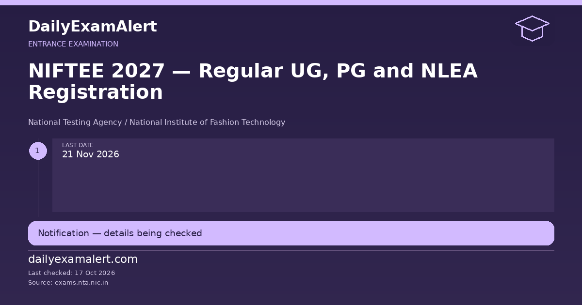 NIFTEE 2027 — Regular UG, PG and NLEA Registration — entrance examination summary