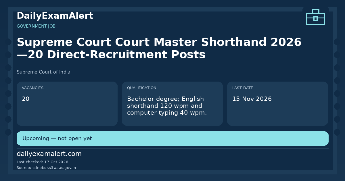 Supreme Court Court Master Shorthand 2026 —20 Direct-Recruitment Posts — government job summary