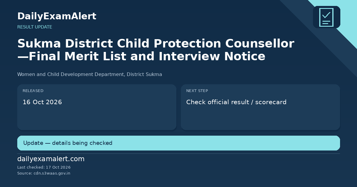 Sukma District Child Protection Counsellor —Final Merit List and Interview Notice — result update summary