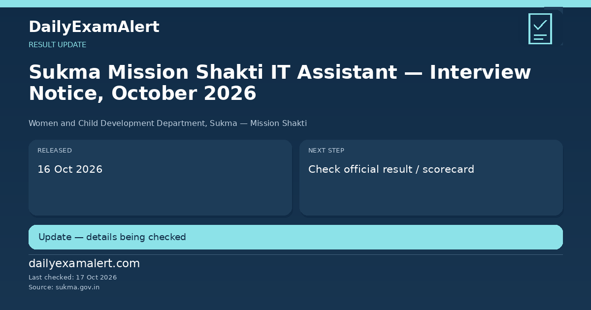 Sukma Mission Shakti IT Assistant — Interview Notice, October 2026 — result update summary
