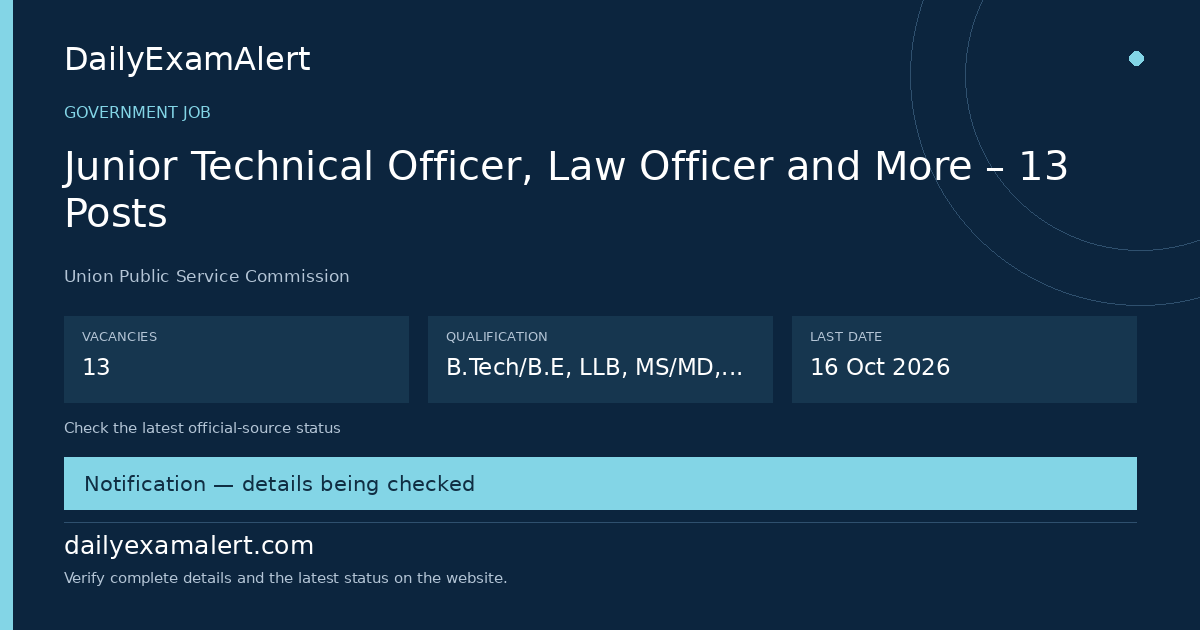 Junior Technical Officer, Law Officer and More – 13 Posts — government job summary