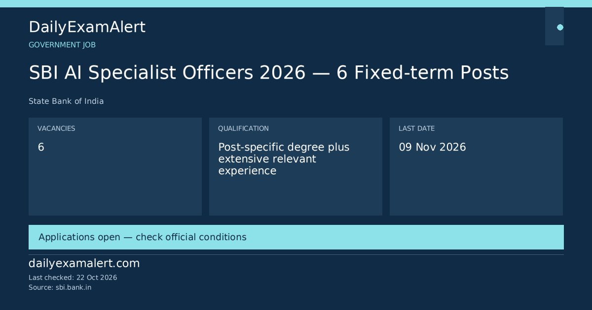 SBI AI Specialist Officers 2026 — 6 Fixed-term Posts — government job summary