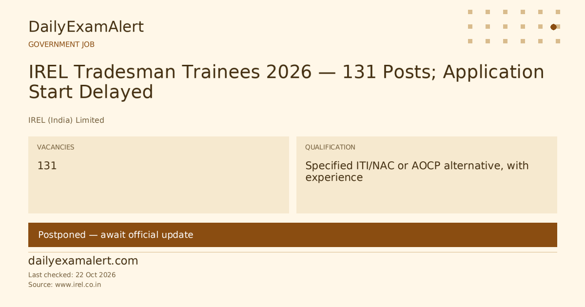IREL Tradesman Trainees 2026 — 131 Posts; Application Start Delayed — government job summary