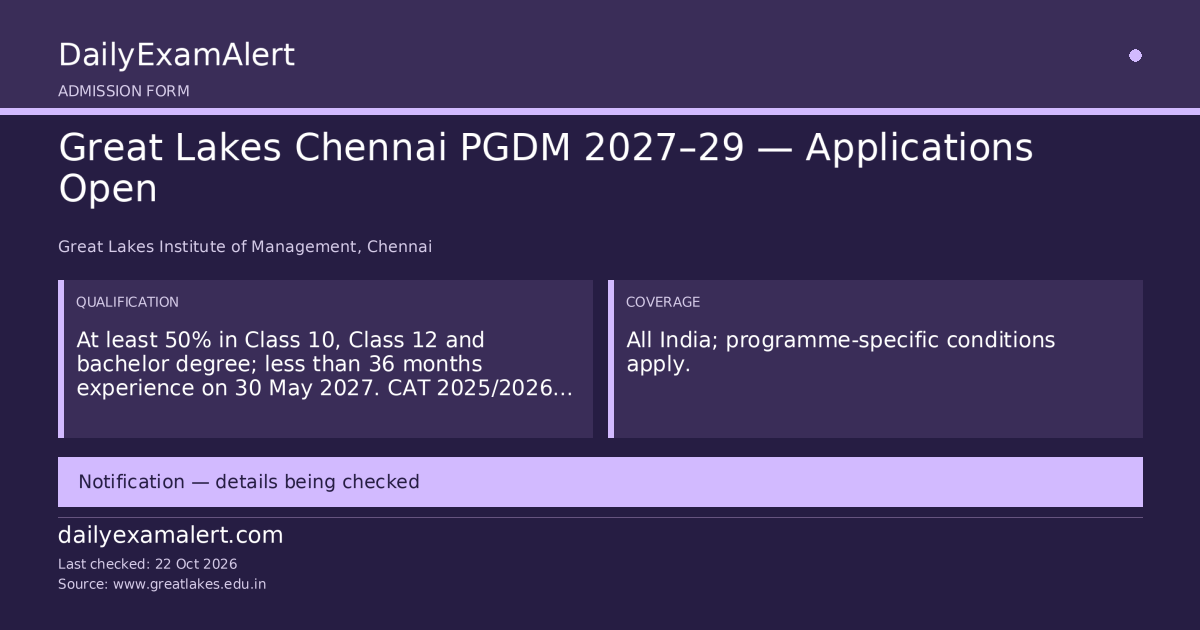 Great Lakes Chennai PGDM 2027–29 — Applications Open — admission form summary
