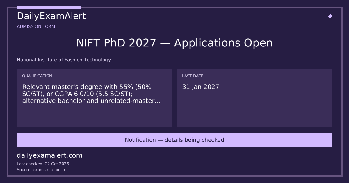NIFT PhD 2027 — Applications Open — admission form summary