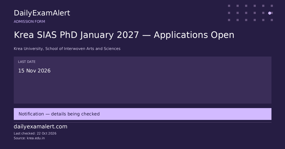 Krea SIAS PhD January 2027 — Applications Open — admission form summary