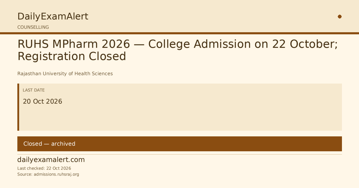 RUHS MPharm 2026 — College Admission on 22 October; Registration Closed — counselling summary