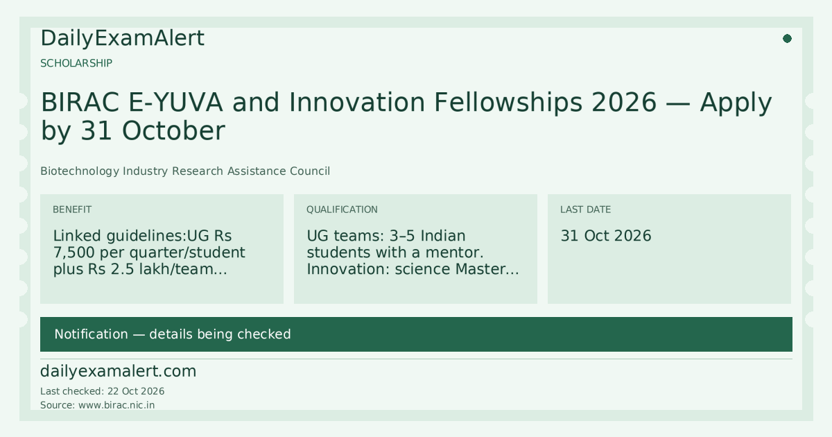 BIRAC E-YUVA and Innovation Fellowships 2026 — Apply by 31 October — scholarship summary