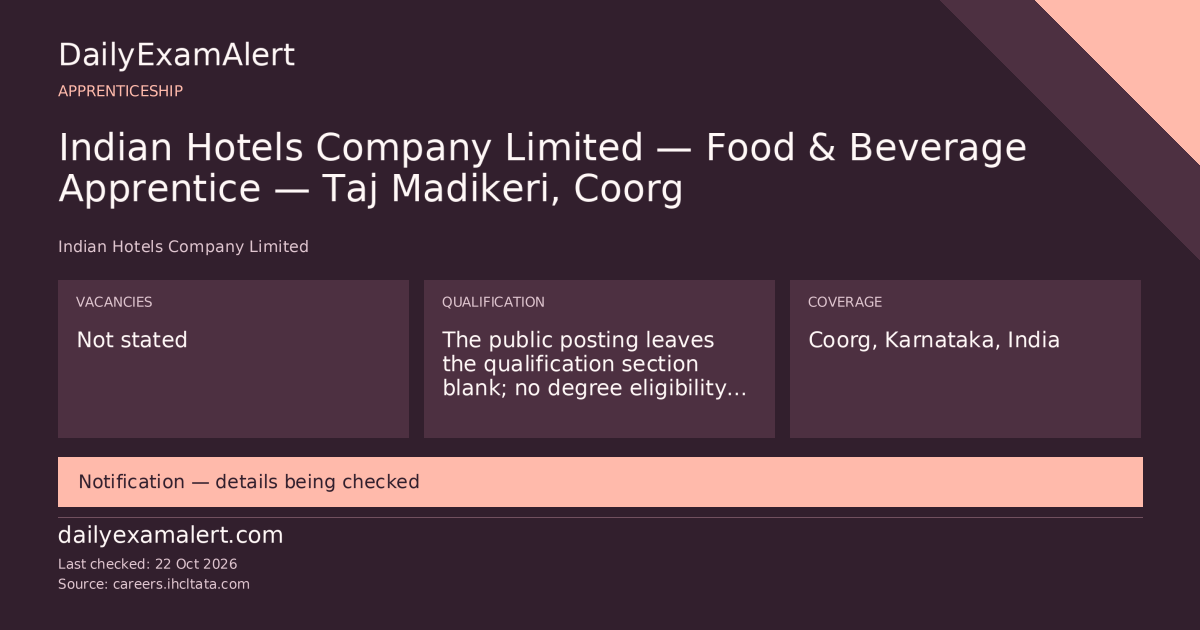 Indian Hotels Company Limited — Food & Beverage Apprentice — Taj Madikeri, Coorg — apprenticeship summary