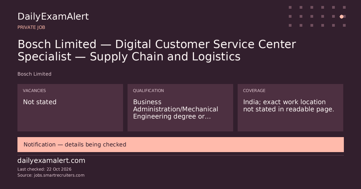 Bosch Limited — Digital Customer Service Center Specialist — Supply Chain and Logistics — private job summary